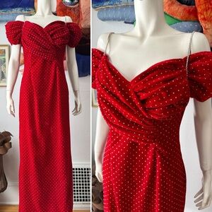 Vintage Red Off-Shoulder Velvet Evening Gown with Crystal Dot Detail